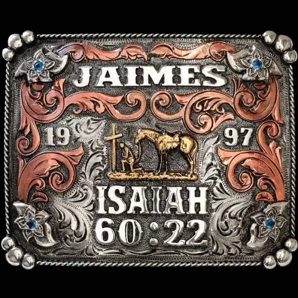 Celebrate faith with The Fort Bowie Belt Buckle, crafted on a square base with traditional western elements to make a beautiful design that will pull together any western outfit. Customize it now!